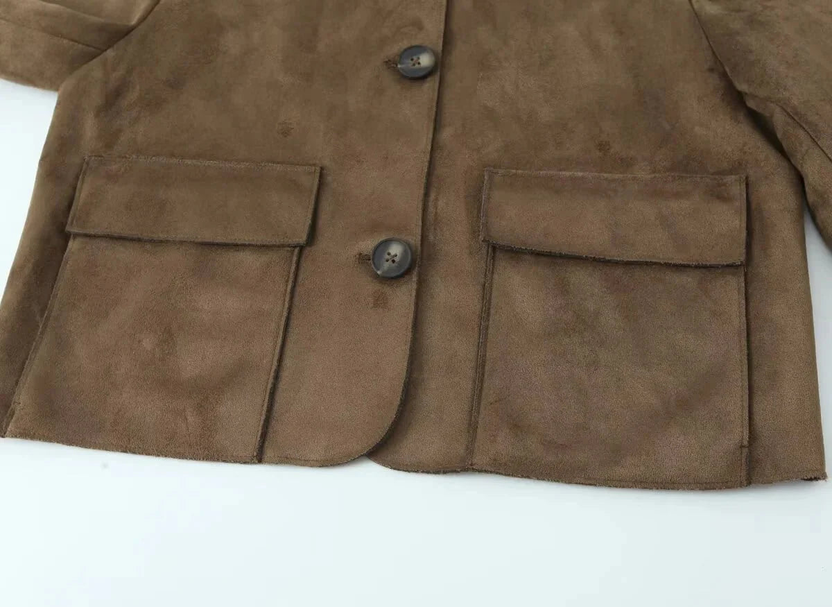 Bruin Dames Leather Look Jack Kort met Knoopsluiting en Zakken