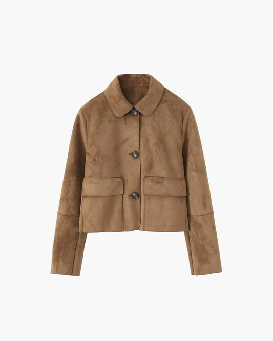 Bruin Dames Leather Look Jack Kort met Knoopsluiting en Zakken