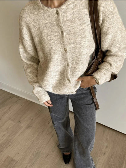 Dames Oversized Gebreid Cardigan met Knopen en Ronde Hals