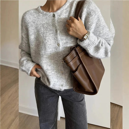 Dames Oversized Gebreid Cardigan met Knopen en Ronde Hals