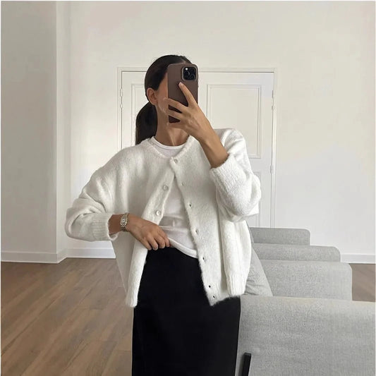 Dames Oversized Gebreid Cardigan met Knopen en Ronde Hals