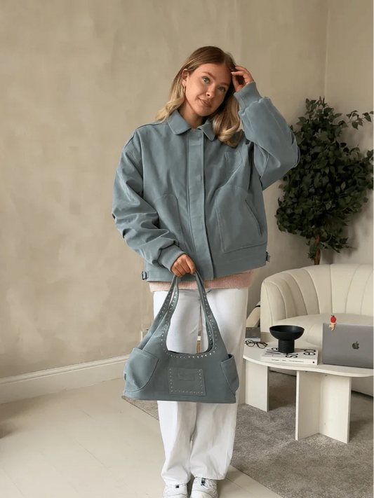Blauwe Bomber Jas Dames Suède Look Oversized met Ritssluiting en Zakken