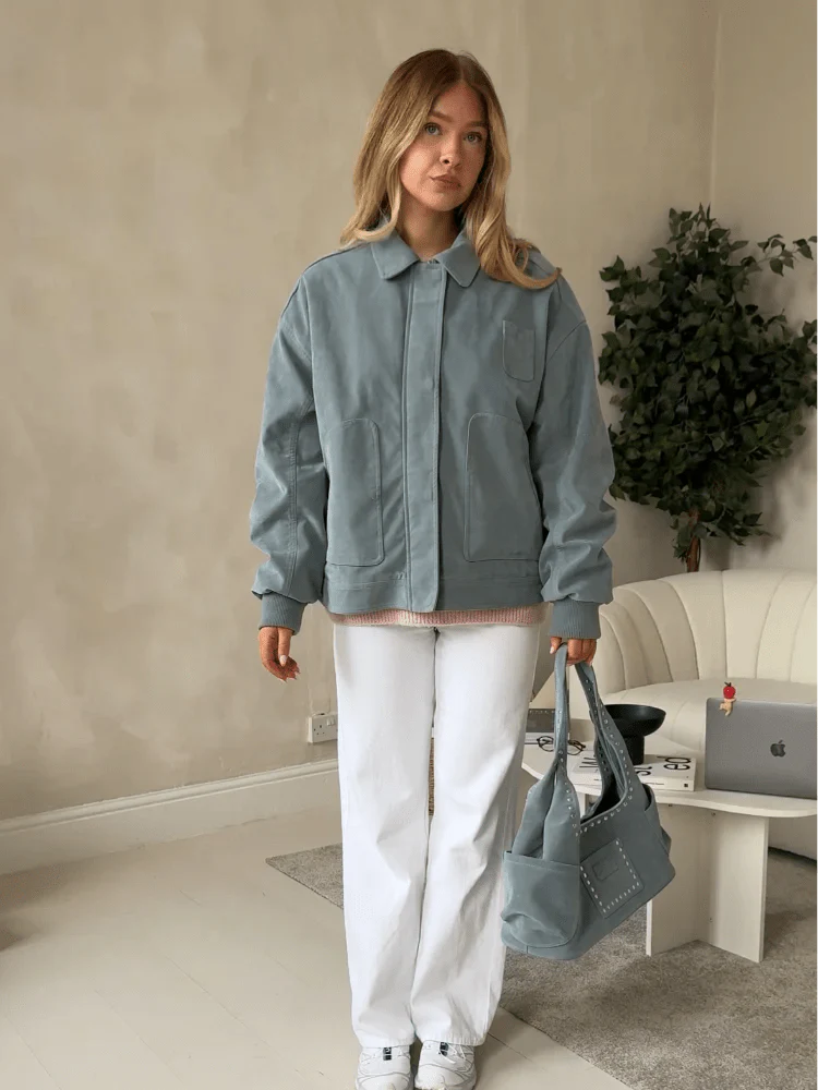 Blauwe Bomber Jas Dames Suède Look Oversized met Ritssluiting en Zakken
