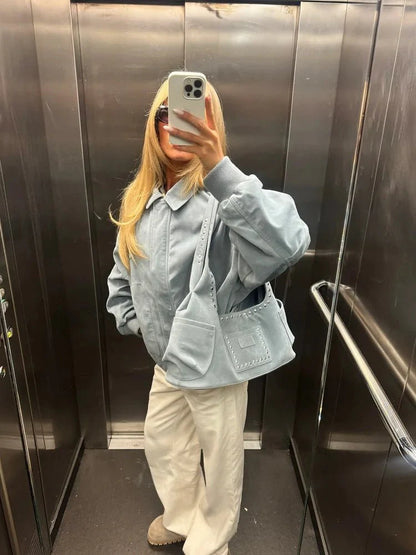 Blauwe Bomber Jas Dames Suède Look Oversized met Ritssluiting en Zakken