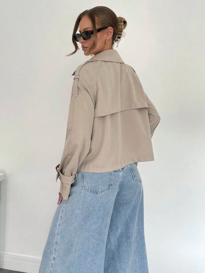 Beige Trenchcoat Dames Kort Klassiek met Ceintuur en Knoopsluiting