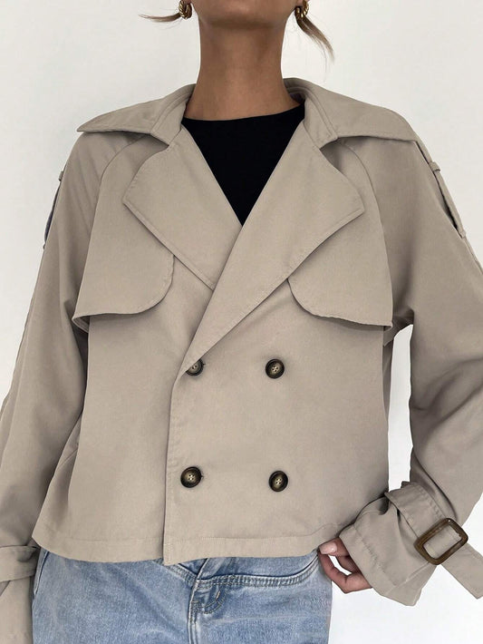 Beige Trenchcoat Dames Kort Klassiek met Ceintuur en Knoopsluiting