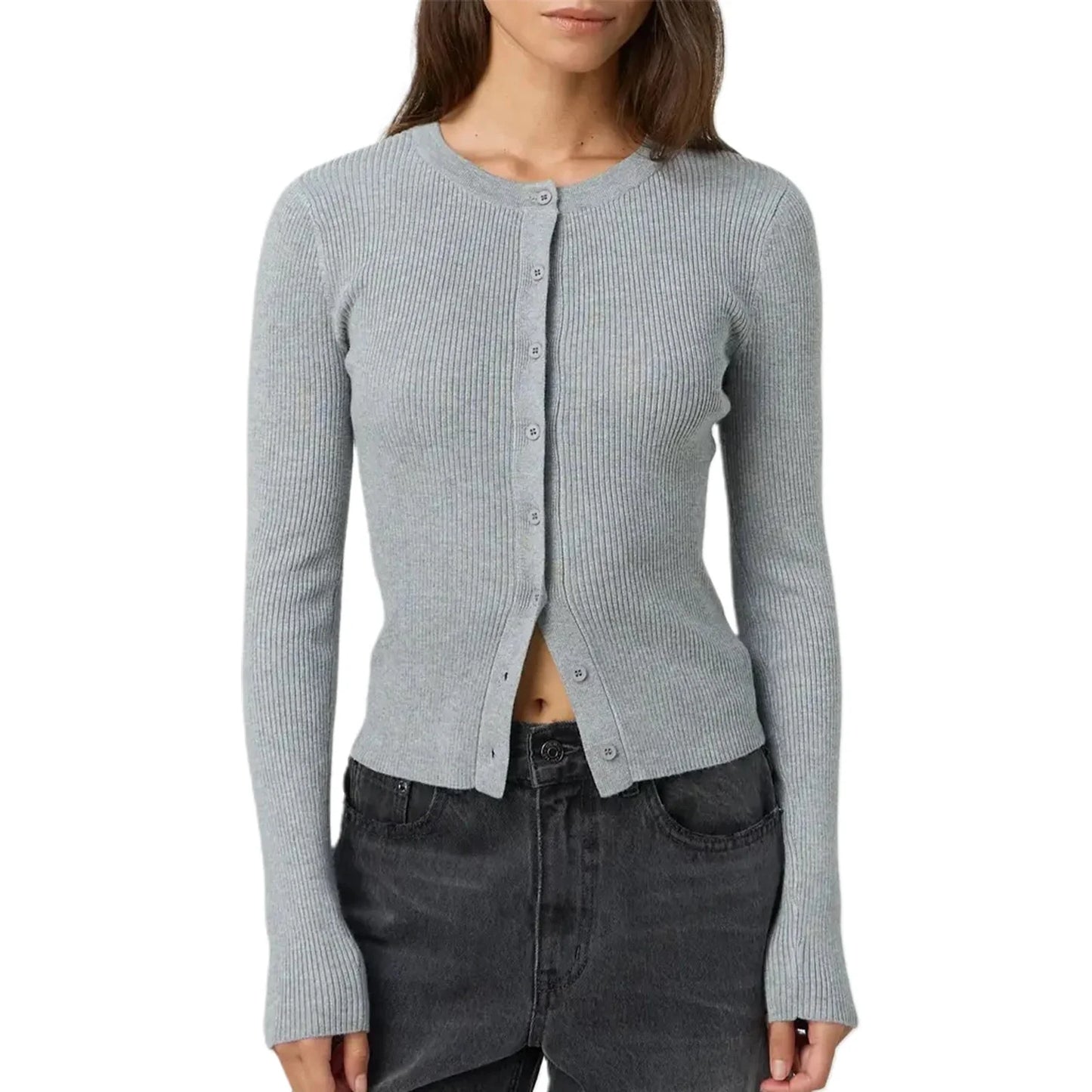Cropped Geribde Dames Cardigan met Knoopsluiting Slim Fit