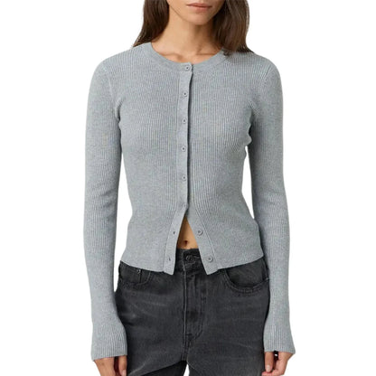 Cropped Geribde Dames Cardigan met Knoopsluiting Slim Fit