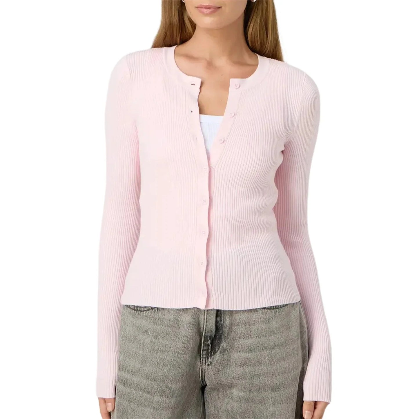 Cropped Geribde Dames Cardigan met Knoopsluiting Slim Fit