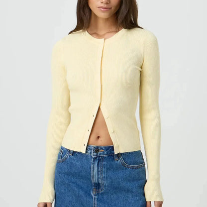 Cropped Geribde Dames Cardigan met Knoopsluiting Slim Fit