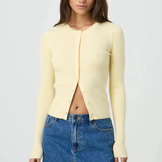 Cropped Geribde Dames Cardigan met Knoopsluiting Slim Fit