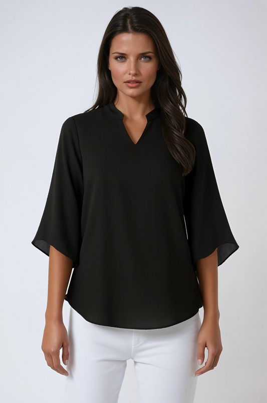 Luchtige Losvallende Blouse Dames met Splitnek en Driekwartmouwen