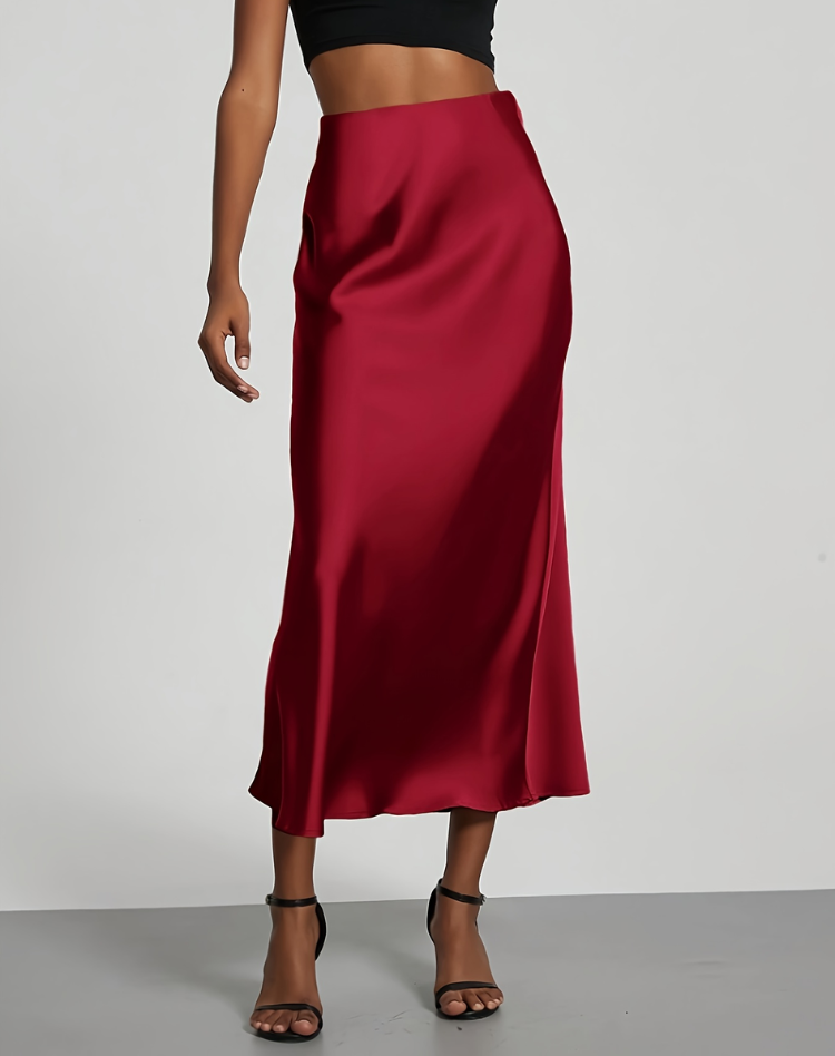 Elegant Satin Look Midi Skirt with High Waist and Smooth Drape