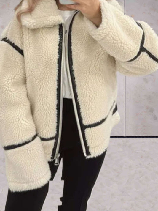 Beige Fleece Jas Zachte Warme Oversized Teddy voering Dames