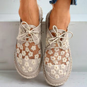 Breathable Women's Lace-Up Shoes with Floral Lace