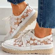 Breathable Women's Lace-Up Shoes with Floral Lace
