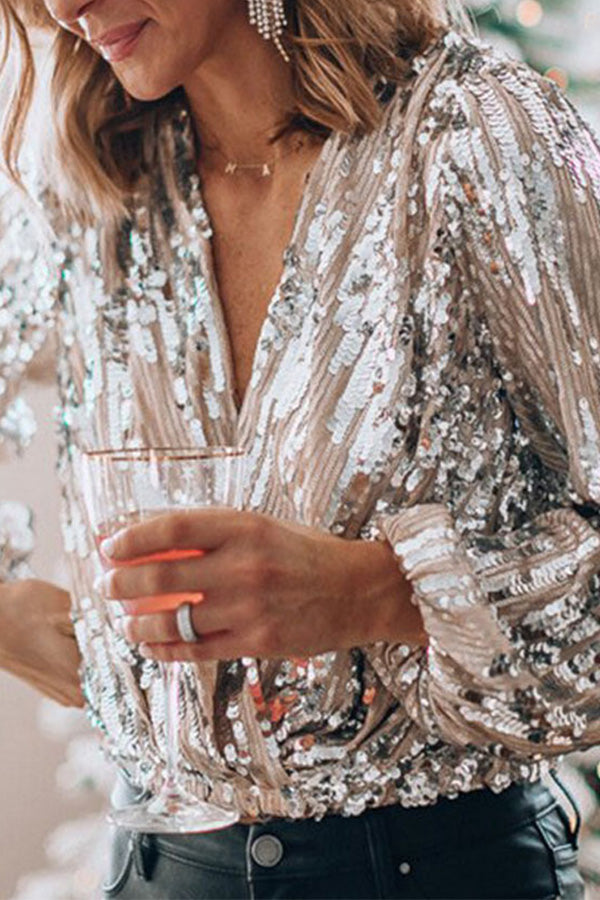 Elegante dames feest blouse met glitter pailletten & lange mouwen