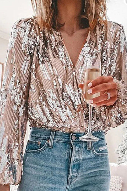 Elegante dames feest blouse met glitter pailletten & lange mouwen