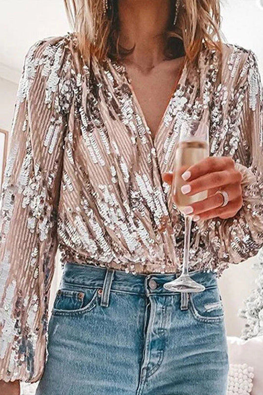 Elegante dames feest blouse met glitter pailletten & lange mouwen