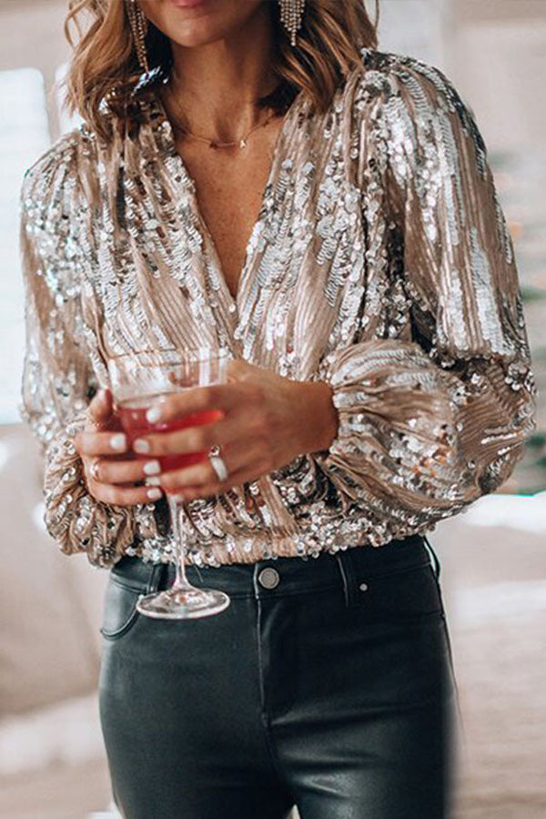 Elegante dames feest blouse met glitter pailletten & lange mouwen