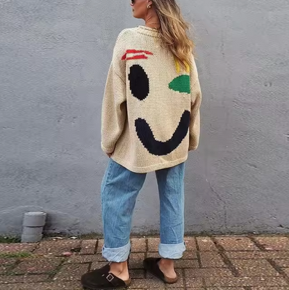 Oversized Dames Gebreide Trui met Smiley Print en Relaxte Pasvorm