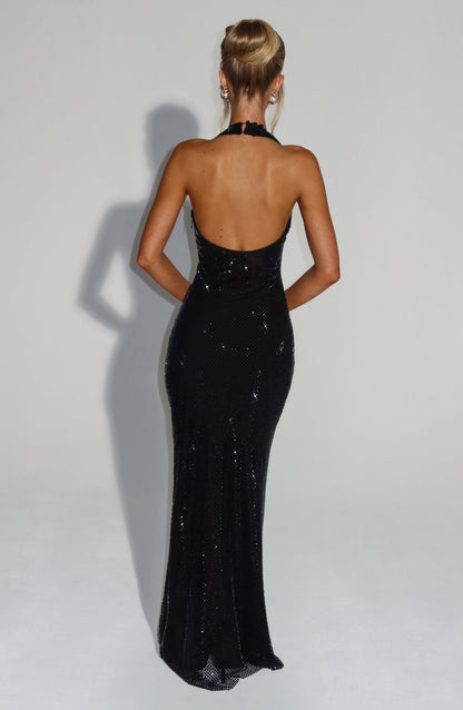 Vrouwen Glitter Pailletten Open Rug Maxi Galajurk