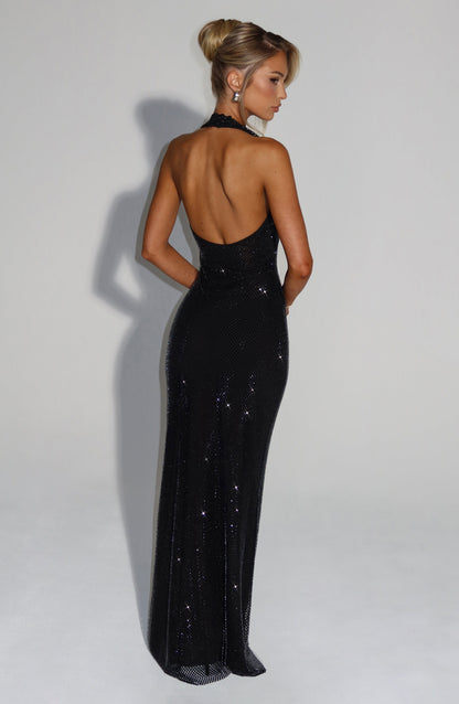 Vrouwen Glitter Pailletten Open Rug Maxi Galajurk