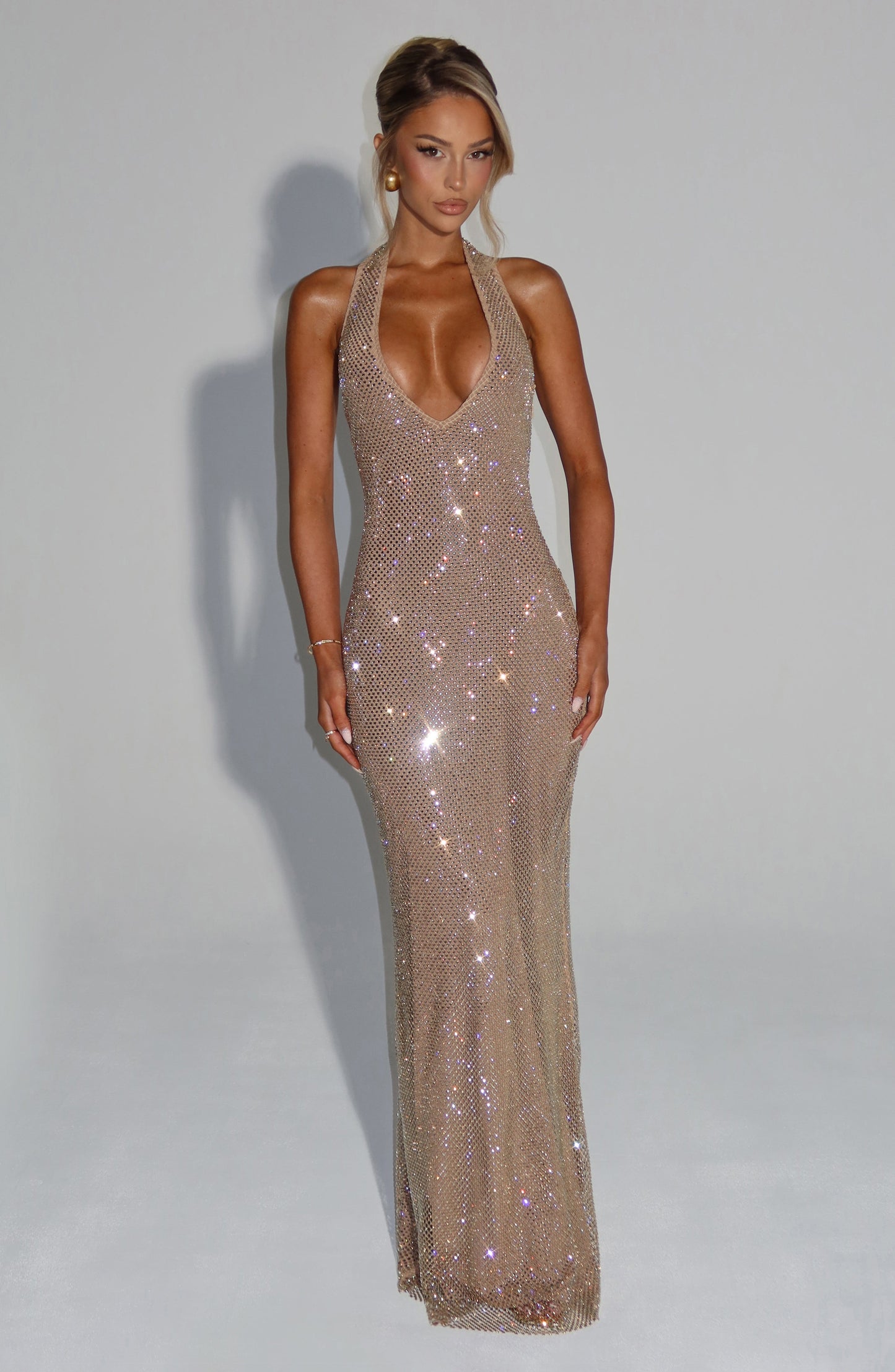 Vrouwen Glitter Pailletten Open Rug Maxi Galajurk