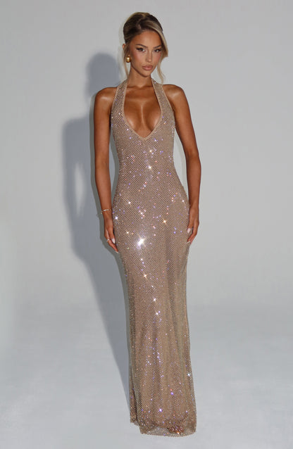 Vrouwen Glitter Pailletten Open Rug Maxi Galajurk