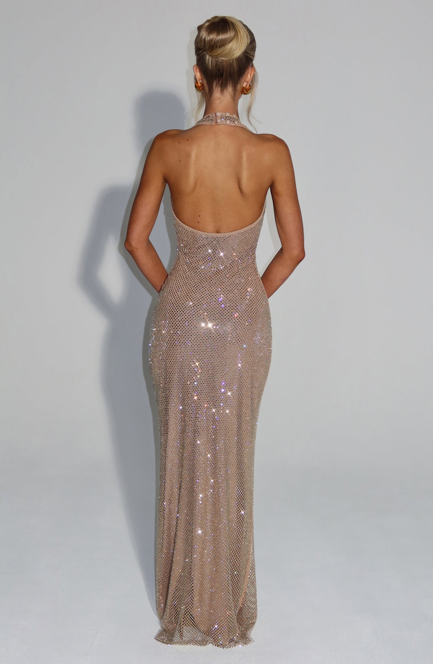 Vrouwen Glitter Pailletten Open Rug Maxi Galajurk