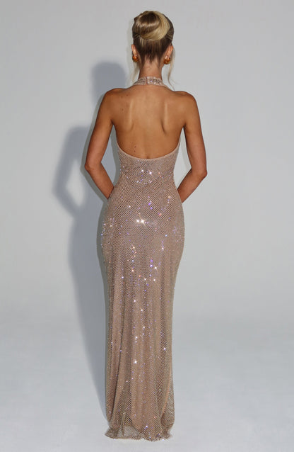 Vrouwen Glitter Pailletten Open Rug Maxi Galajurk