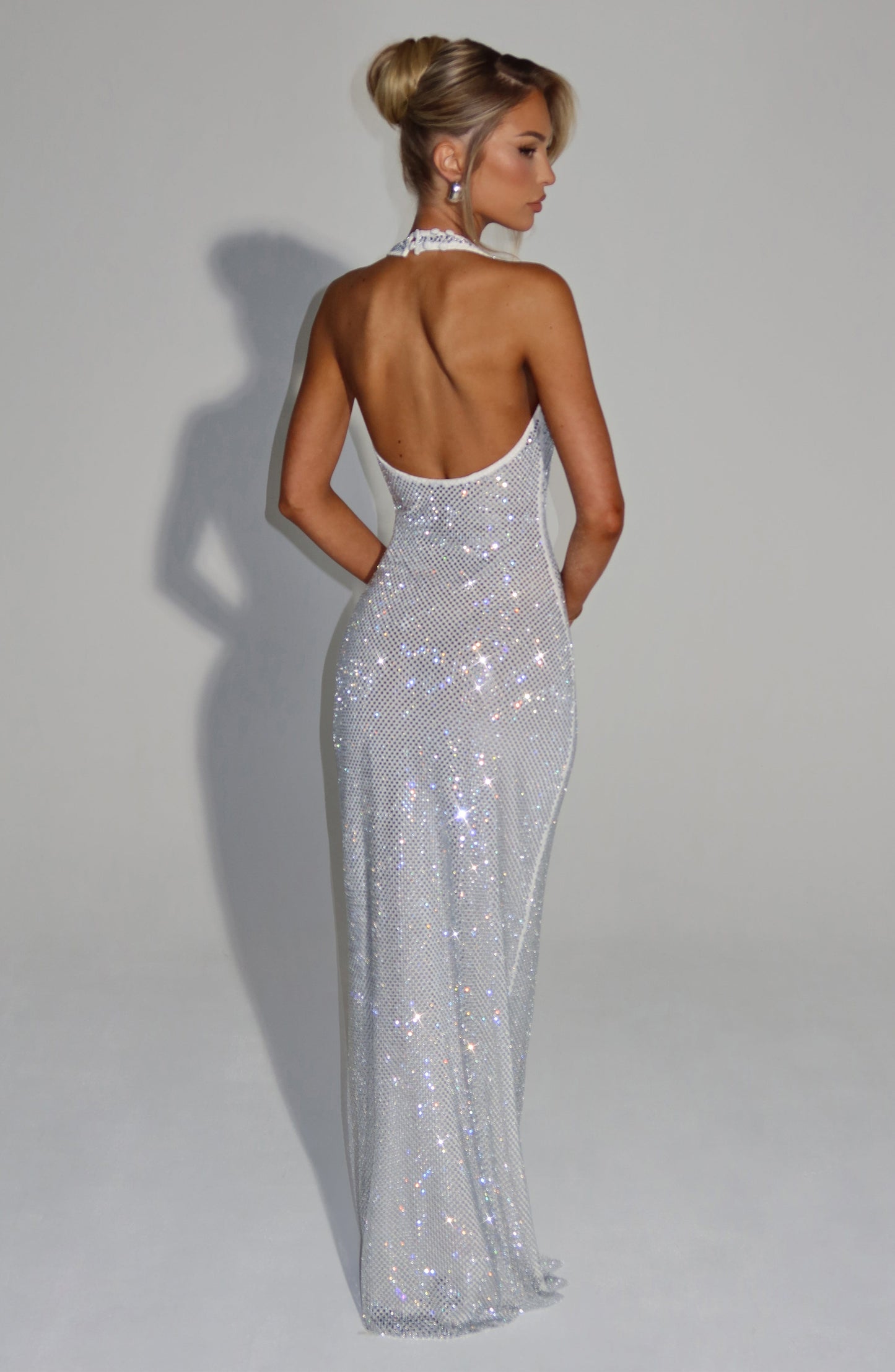 Vrouwen Glitter Pailletten Open Rug Maxi Galajurk