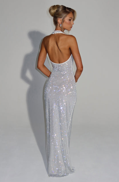 Vrouwen Glitter Pailletten Open Rug Maxi Galajurk