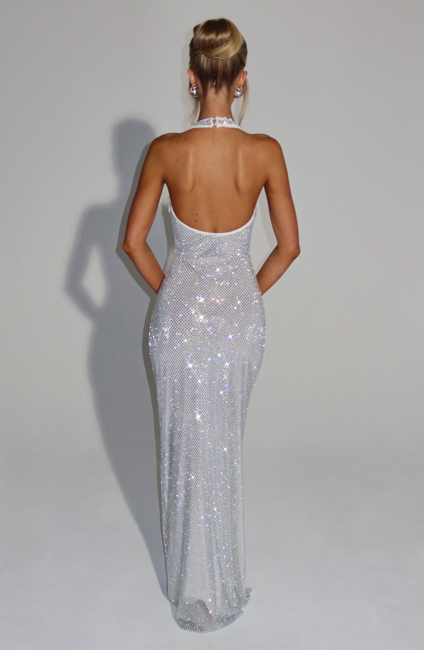 Vrouwen Glitter Pailletten Open Rug Maxi Galajurk