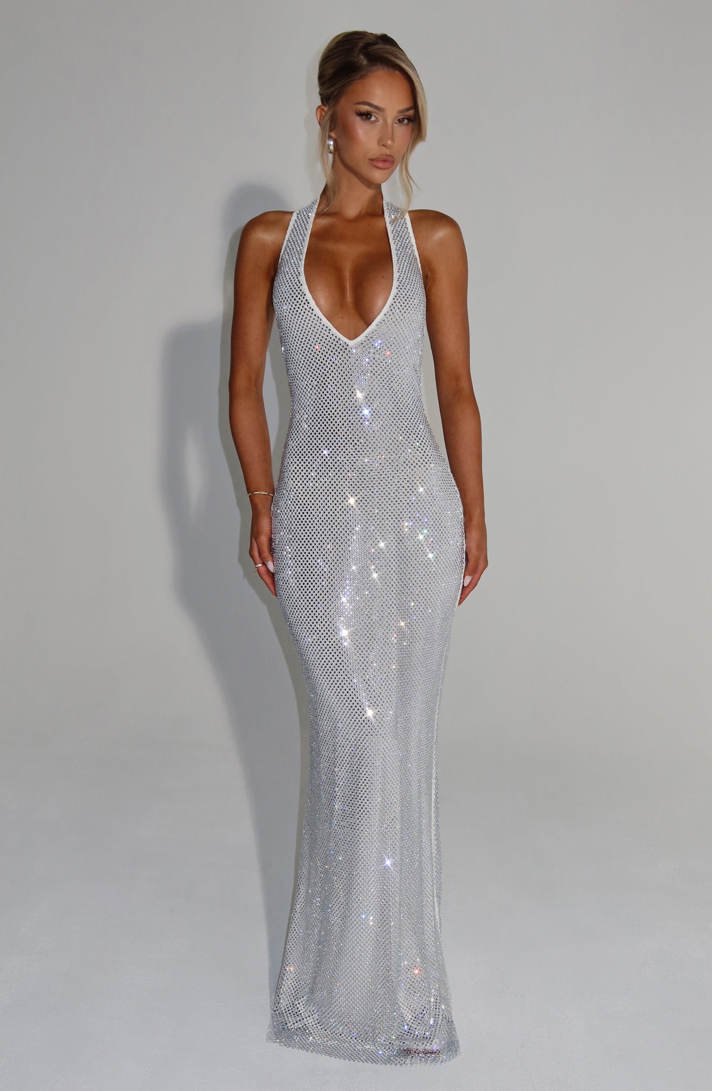 Vrouwen Glitter Pailletten Open Rug Maxi Galajurk