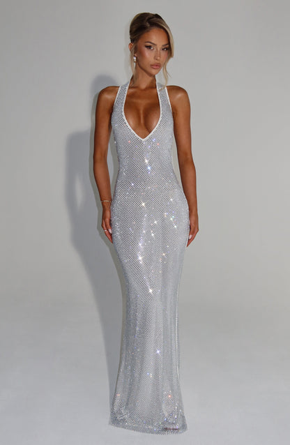 Vrouwen Glitter Pailletten Open Rug Maxi Galajurk