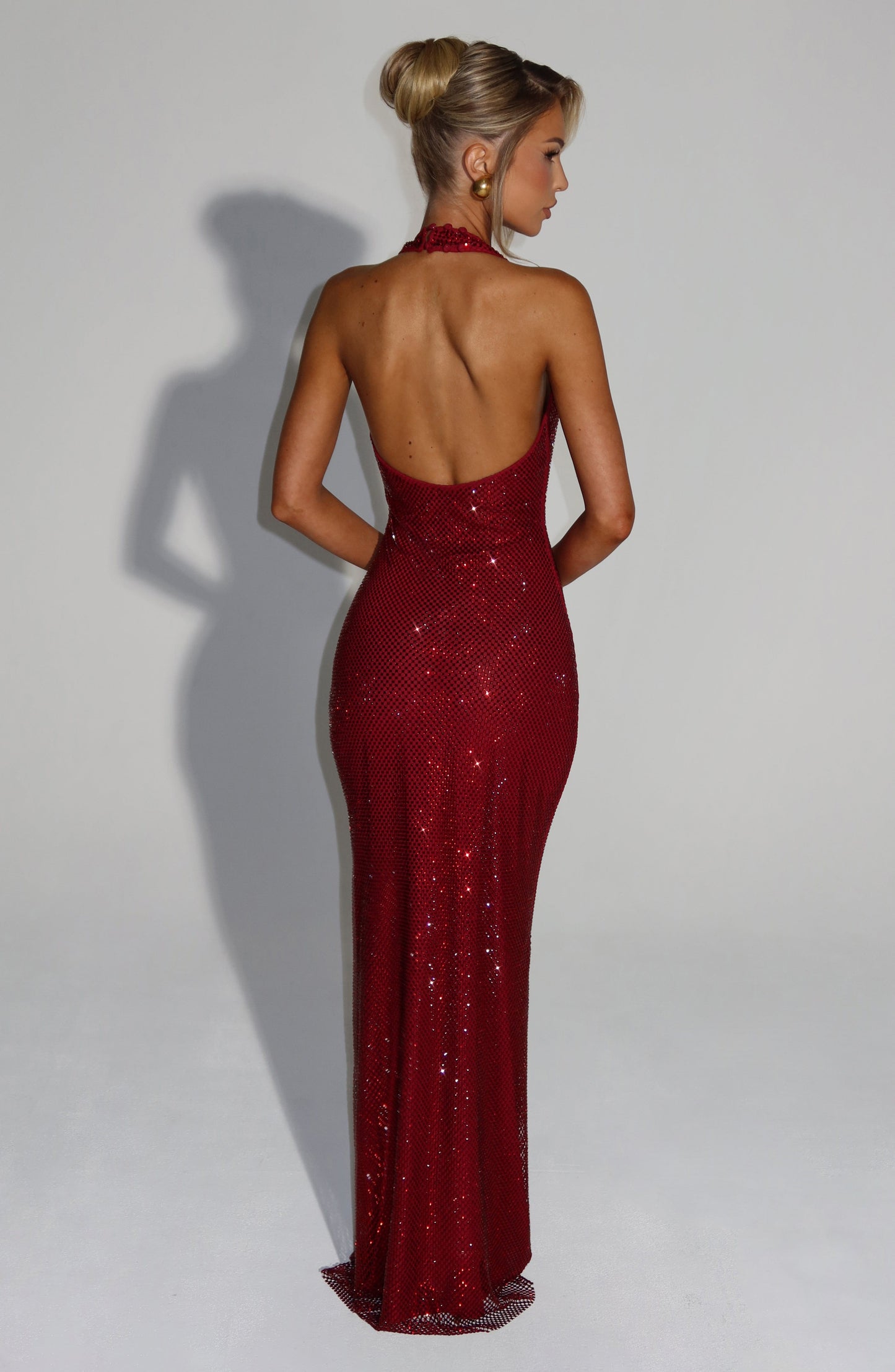 Vrouwen Glitter Pailletten Open Rug Maxi Galajurk