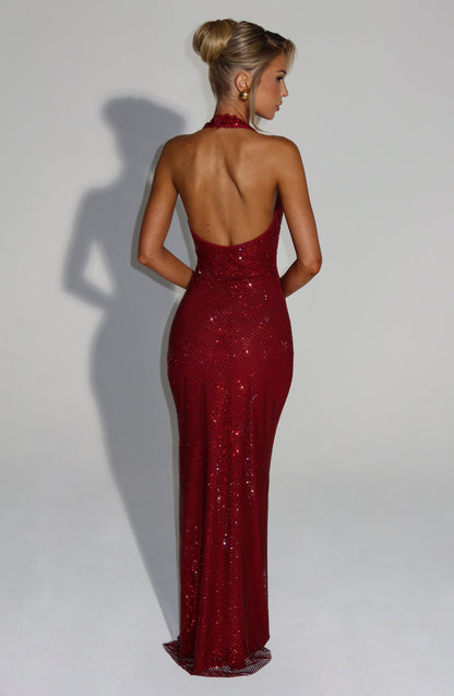 Vrouwen Glitter Pailletten Open Rug Maxi Galajurk