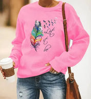 Sweat-shirt joyeux pour femmes avec imprimé plumes et col rond