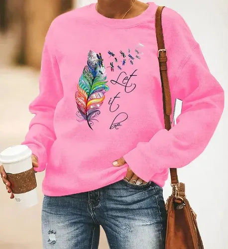 Sweat-shirt joyeux pour femmes avec imprimé plumes et col rond