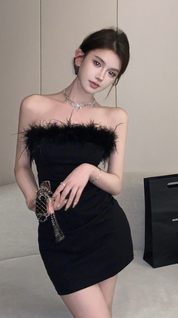 Strapless Mini Jurk met Veren Bodycon Feestjurk voor Dames