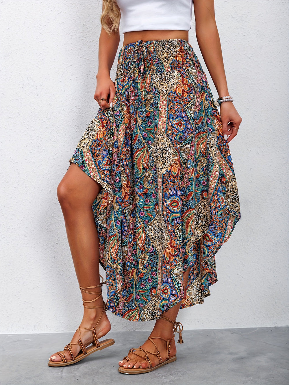 Bohemian asymmetrical paisley maxi skirt for women