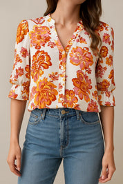 Blouse Met Bloemenprint En V Hals Met Driekwart Mouwen