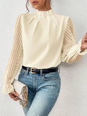 Elegant Blouse with High Neck and Transparent Sleeves for Women