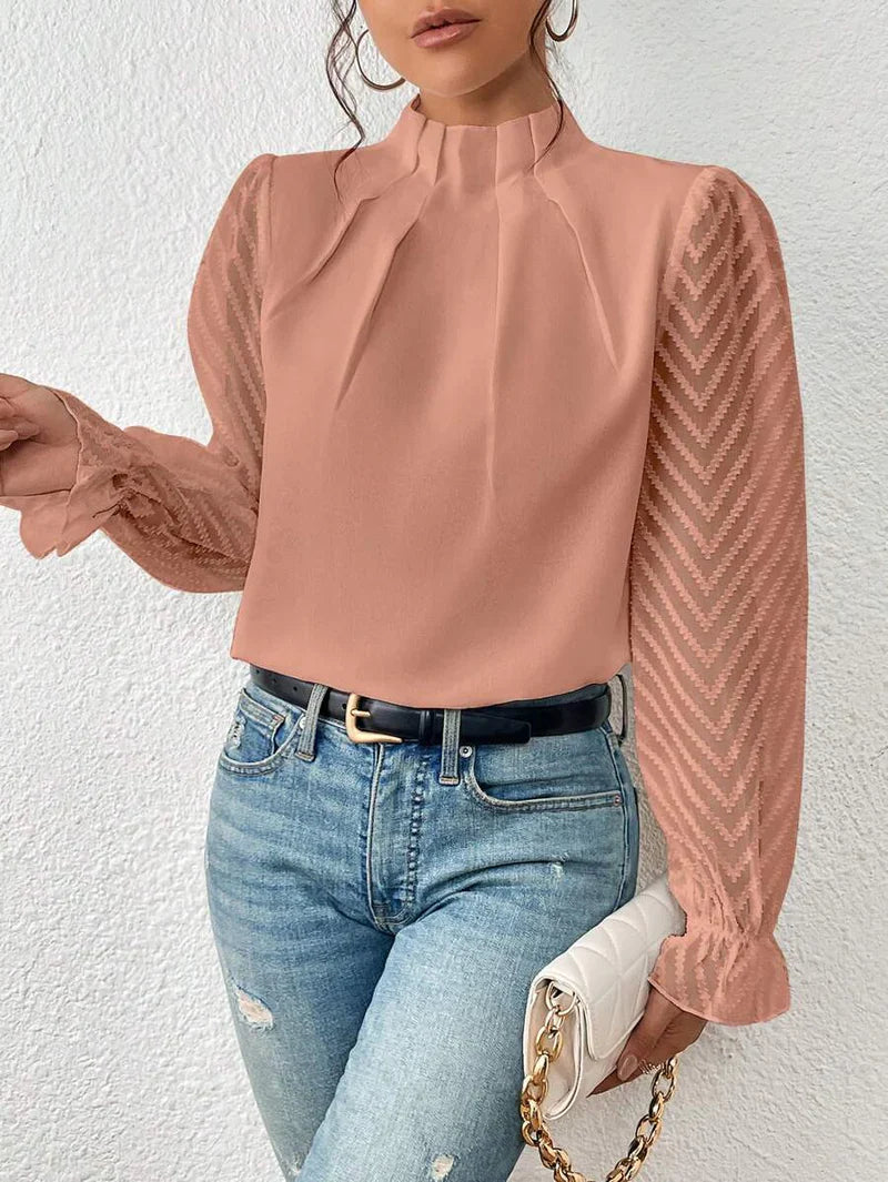 Elegant Blouse with High Neck and Transparent Sleeves for Women