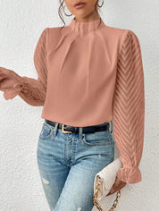 Elegant Blouse with High Neck and Transparent Sleeves for Women