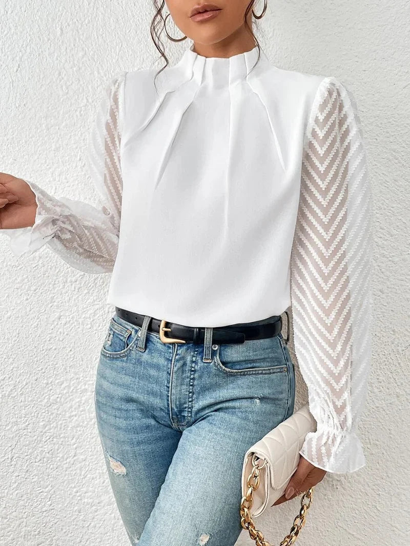 Elegant Blouse with High Neck and Transparent Sleeves for Women