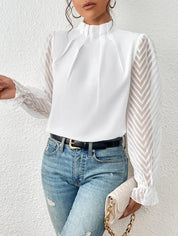 Elegant Blouse with High Neck and Transparent Sleeves for Women