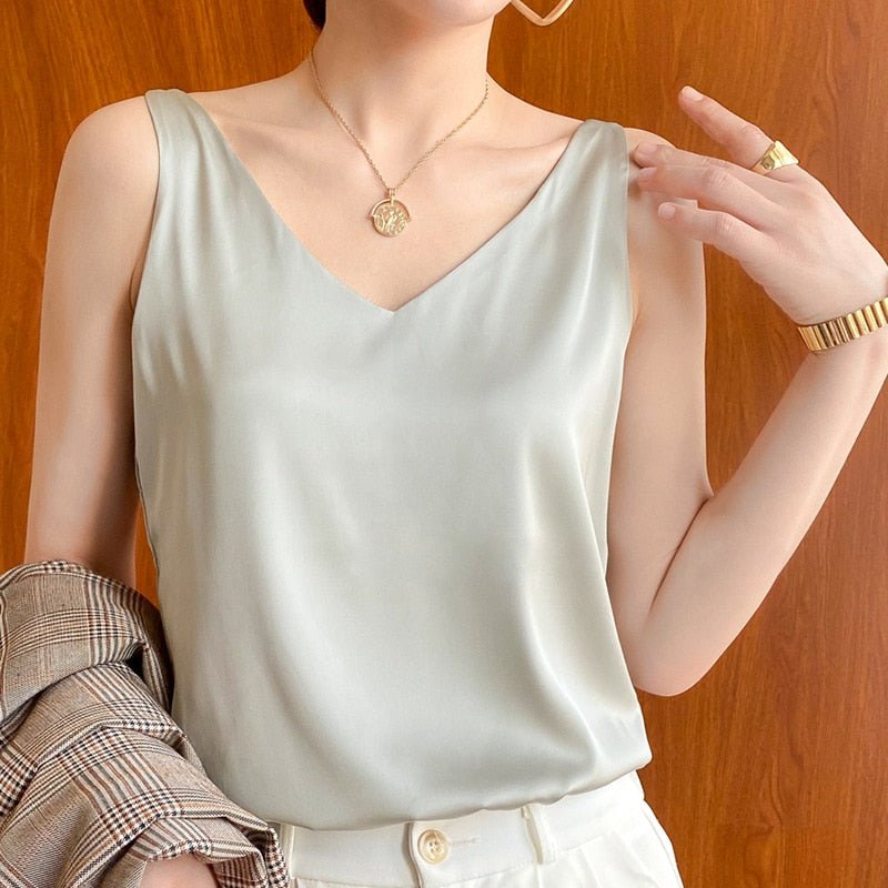 Satin Look Tank Top with V Neck and Loose Fit