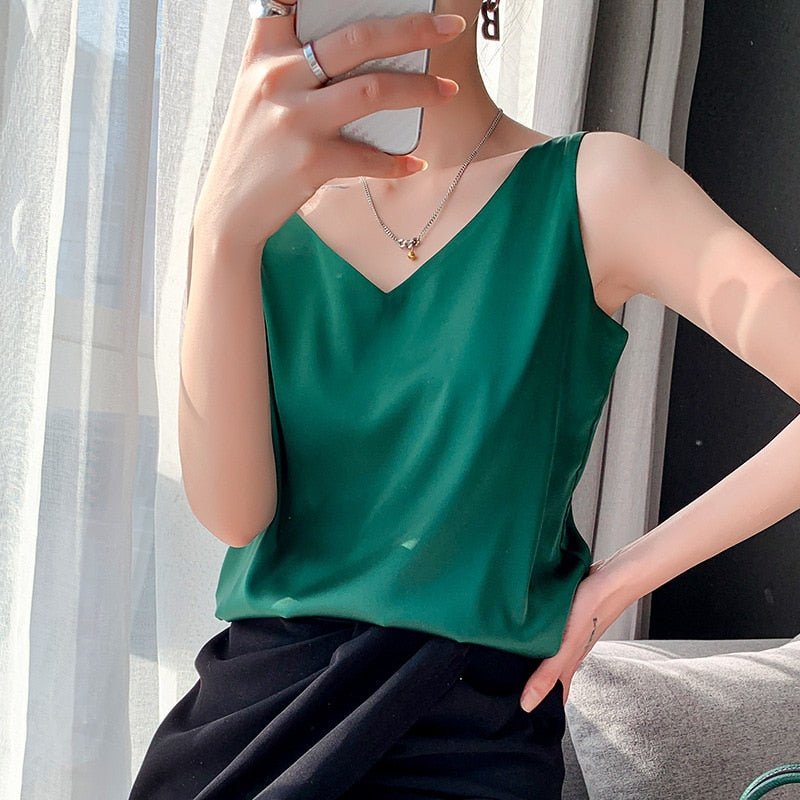 Satin Look Tank Top with V Neck and Loose Fit